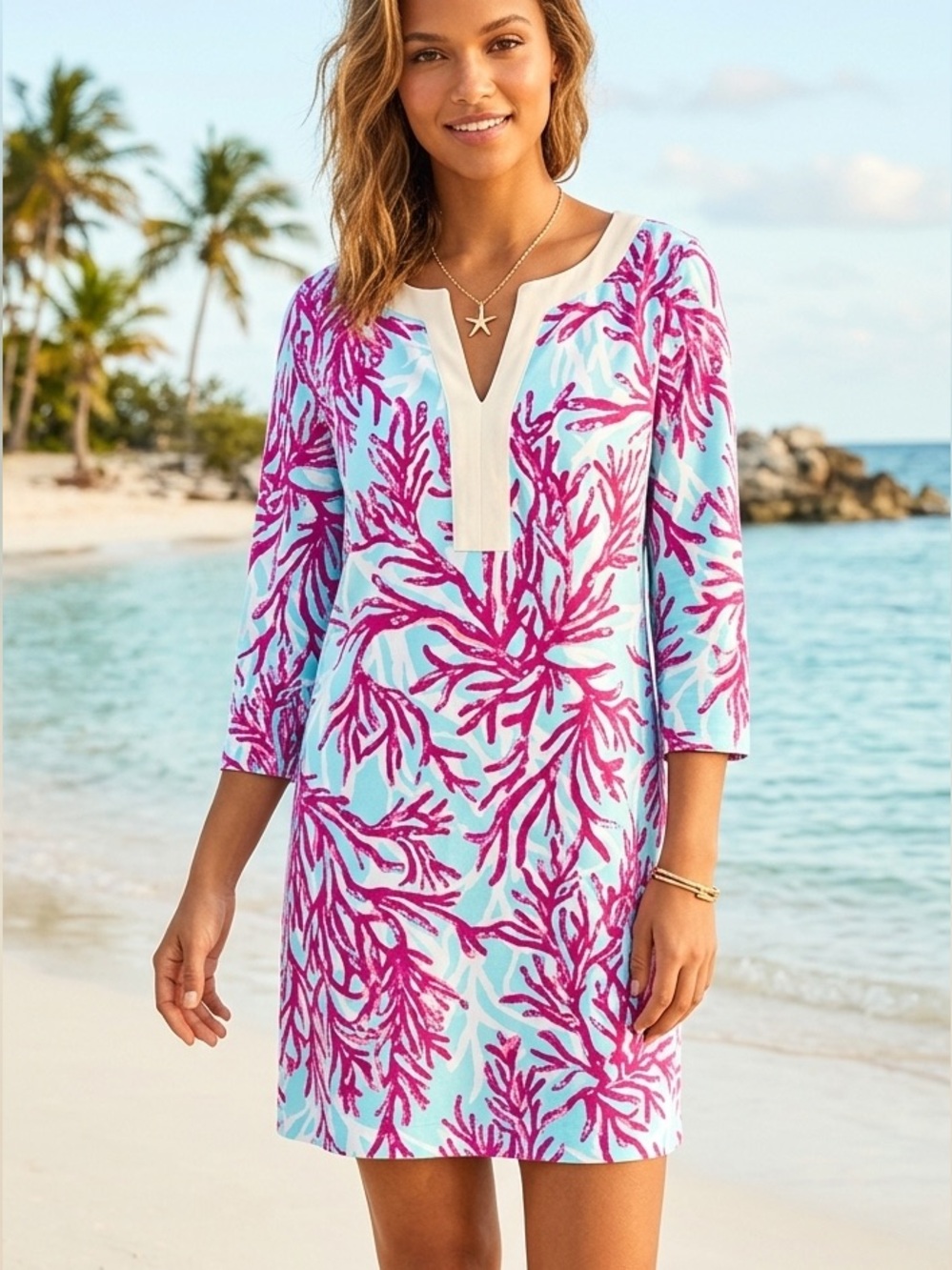 NWOT Lilly Pulitzer Charlene " Nice Tail" coral print blue background ship dress